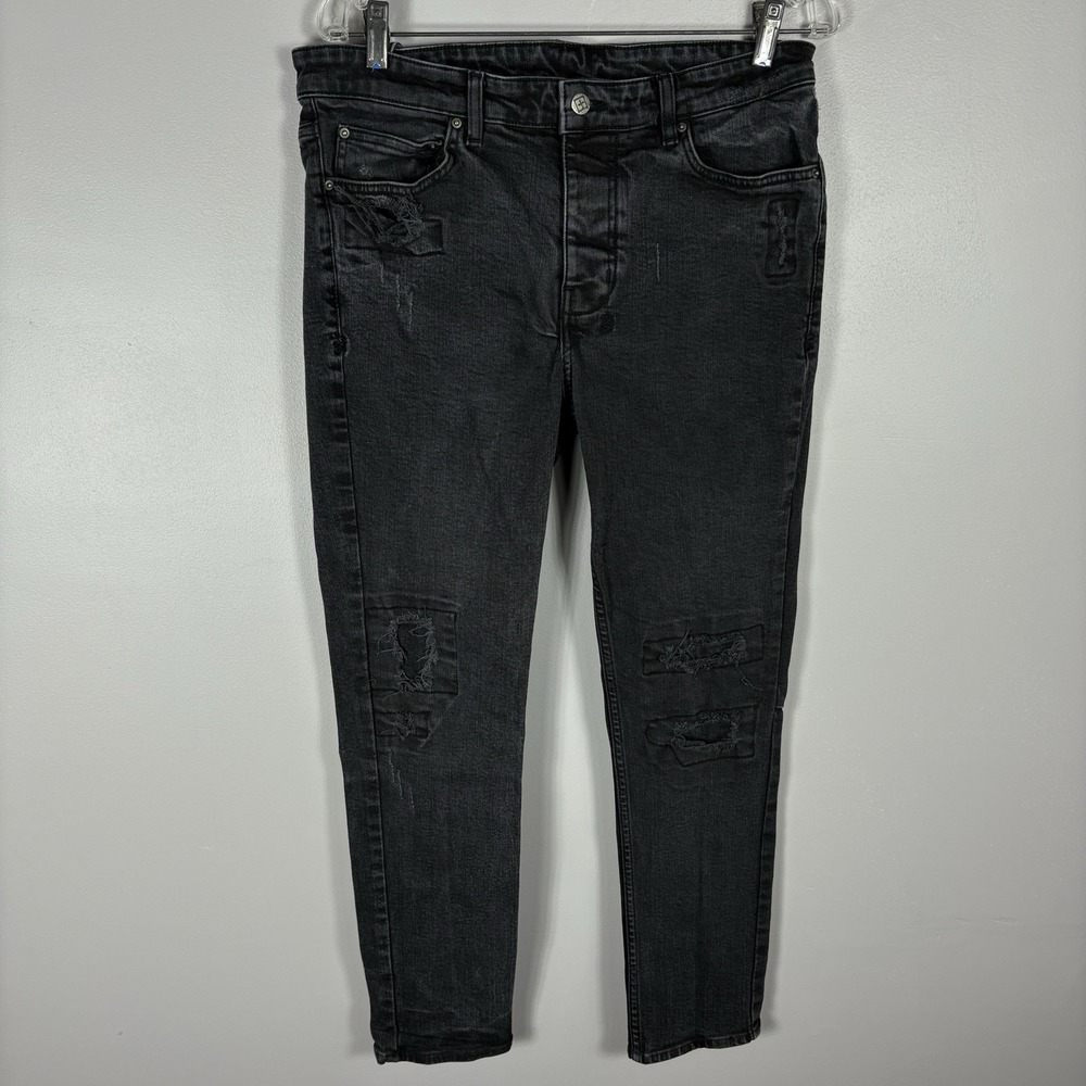 Ksubi Men's 33 Black Cross Button Fly Distressed Stretch Skinny Leg Denim Jeans